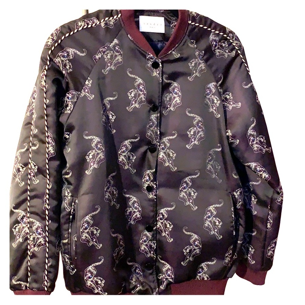 Sandro Dark Purple Satin Tiger Embroidered Bomber
